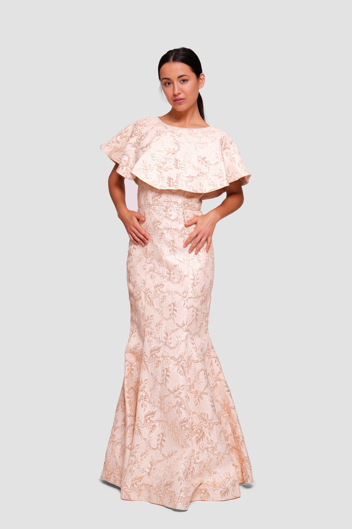Maya Gold Jacquard Cape-sleeve Mermaid Gown