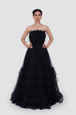 Load image into Gallery viewer, Anastasia  Black Tulle Strapless Gown With Structured Sheer Tulle Detail
