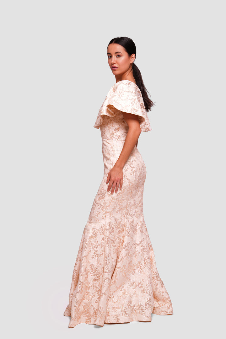 Maya Gold Jacquard Cape-sleeve Mermaid Gown