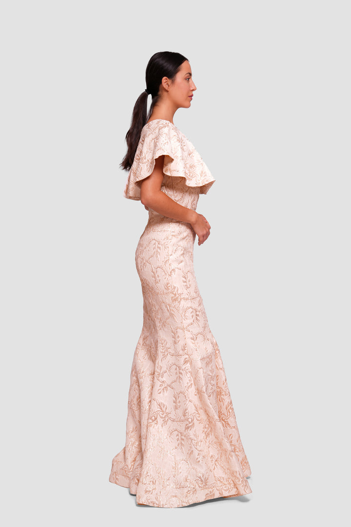 Maya Gold Jacquard Cape-sleeve Mermaid Gown
