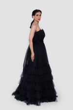Load image into Gallery viewer, Anastasia  Black Tulle Strapless Gown With Structured Sheer Tulle Detail
