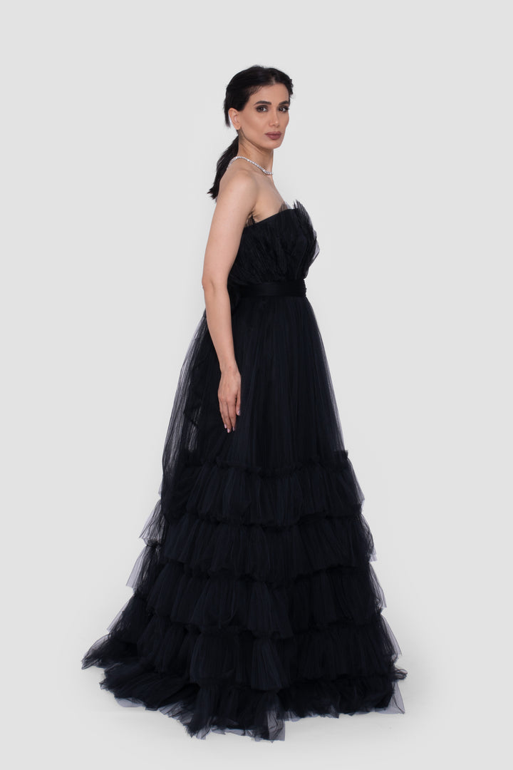 Anastasia  Black Tulle Strapless Gown With Structured Sheer Tulle Detail