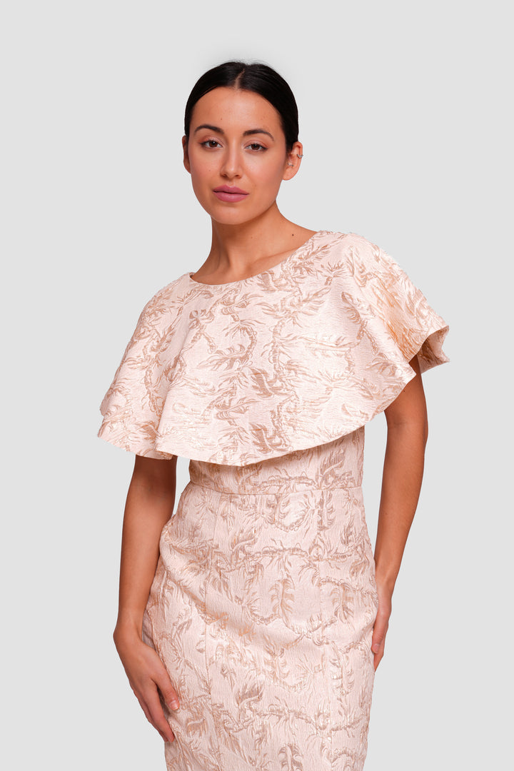 Maya Gold Jacquard Cape-sleeve Mermaid Gown