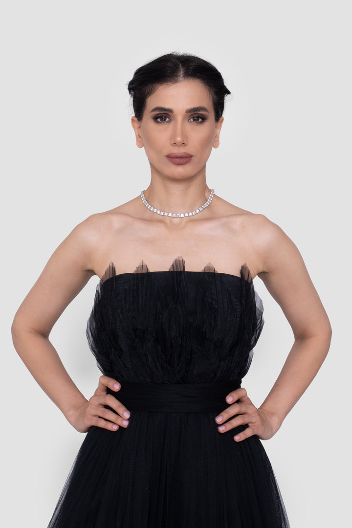 Anastasia  Black Tulle Strapless Gown With Structured Sheer Tulle Detail