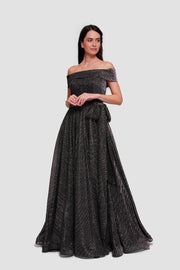 Kim Black And Silver Accents Off-shoulder Corset Maxi Dress
