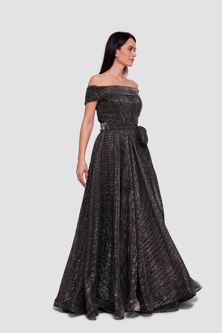 Kim Black And Silver Accents Off-shoulder Corset Maxi Dress
