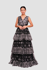 Load image into Gallery viewer, Nora Black Tulle With Floral Glitter Sleeveless Maxi Dress
