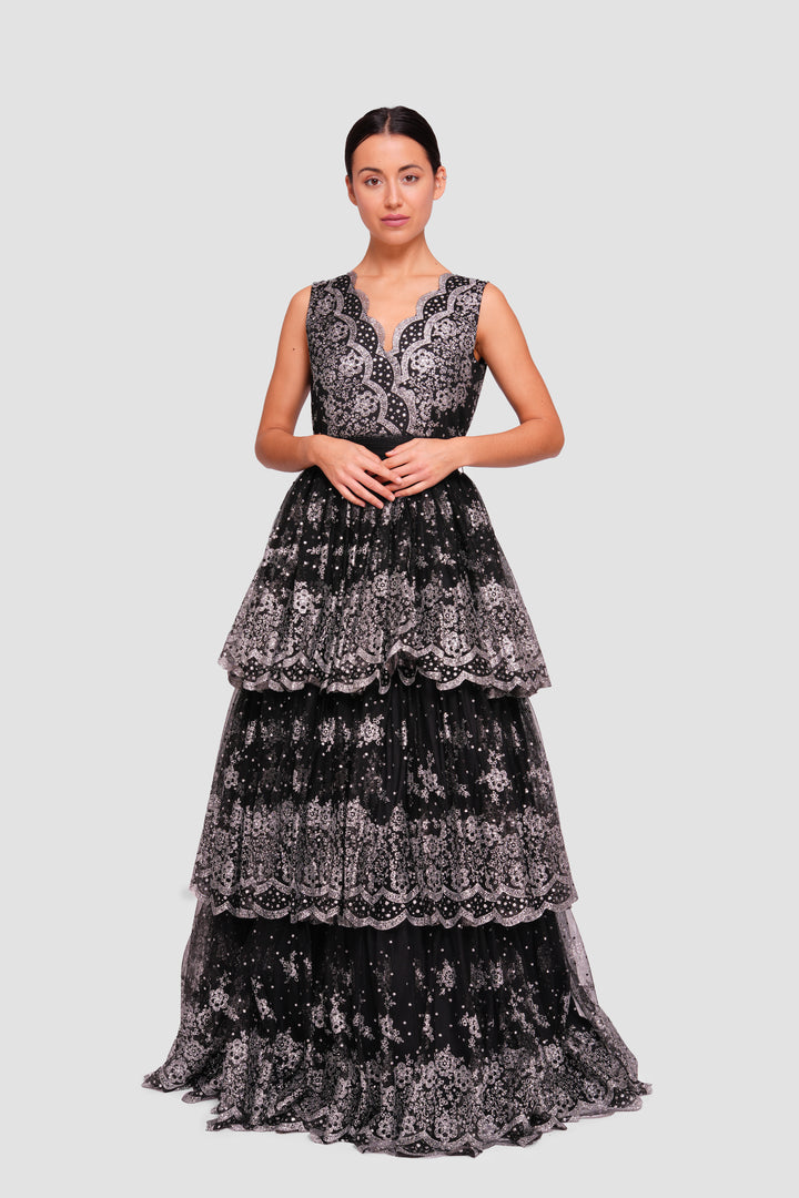 Nora Black Tulle With Floral Glitter Sleeveless Maxi Dress