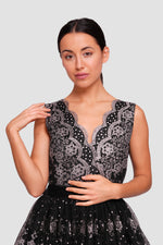 Load image into Gallery viewer, Nora Black Tulle With Floral Glitter Sleeveless Maxi Dress
