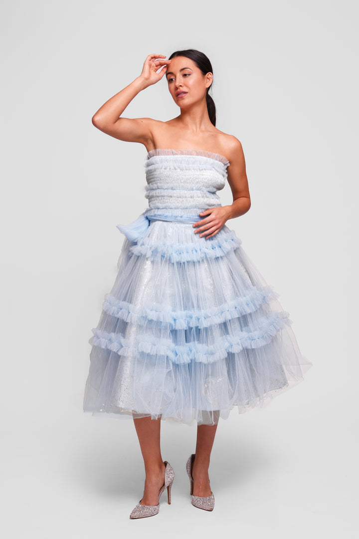 Mila Sky Blue With Gold Shimmer Strapless Midi Dress With Ruffles