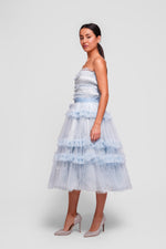 Load image into Gallery viewer, Mila Sky Blue With Gold Shimmer Strapless Midi Dress With Ruffles
