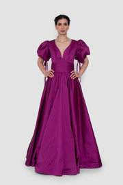 Thalia Rich Violet Taffeta V-Neckline Gown With Short Puff Sleeves
