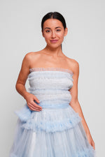 Load image into Gallery viewer, Mila Sky Blue With Gold Shimmer Strapless Midi Dress With Ruffles
