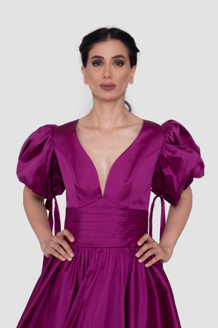 Thalia Rich Violet Taffeta V-Neckline Gown With Short Puff Sleeves