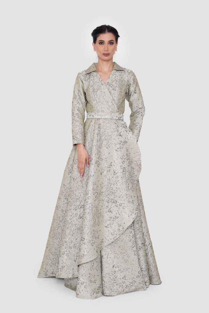 Aveline Light Dusty Green Jacquard Structured Gown