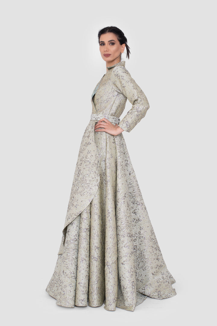 Aveline Light Dusty Green Jacquard Structured Gown