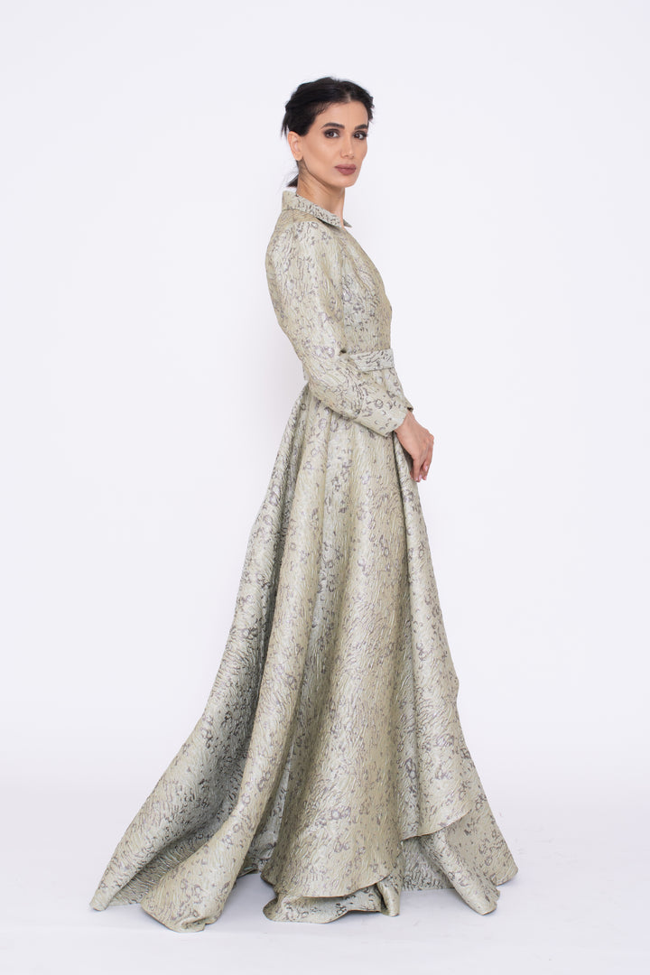 Aveline Light Dusty Green Jacquard Structured Gown