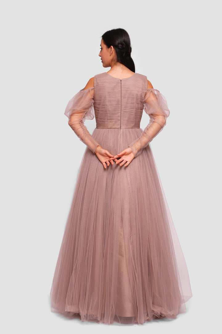 Madison Taupe Beige Tulle Off-shoulder Puff Tulle Sleeves Maxi Dress