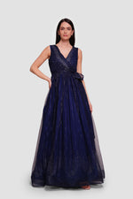 Load image into Gallery viewer, Noura Deep Navy Blue Fabric Sleeveless Pleated Maxi Dress
