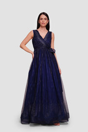Noura Deep Navy Blue Fabric Sleeveless Pleated Maxi Dress