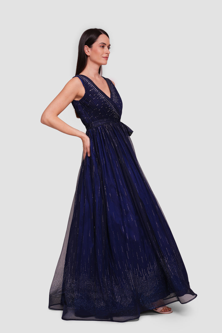 Noura Deep Navy Blue Fabric Sleeveless Pleated Maxi Dress