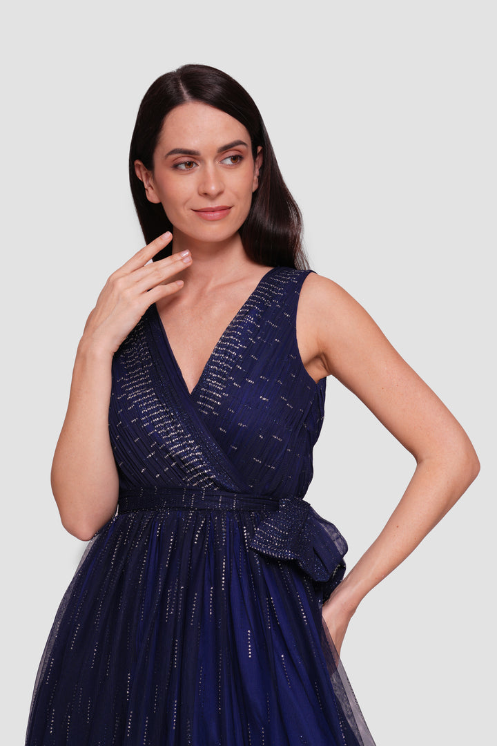 Noura Deep Navy Blue Fabric Sleeveless Pleated Maxi Dress