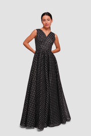 Dina Black With Silver Glitter Grid Pattern Sleeveless Maxi Dress