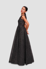Load image into Gallery viewer, Dina Black With Silver Glitter Grid Pattern Sleeveless Maxi Dress
