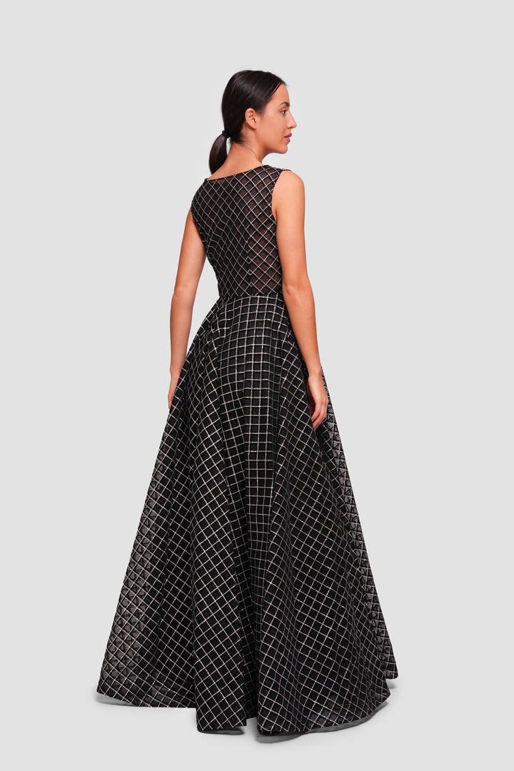 Dina Black With Silver Glitter Grid Pattern Sleeveless Maxi Dress