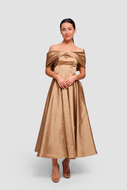 Melanie Golden Mustard Corset Maxi Dress With Pleated Bow Bodice