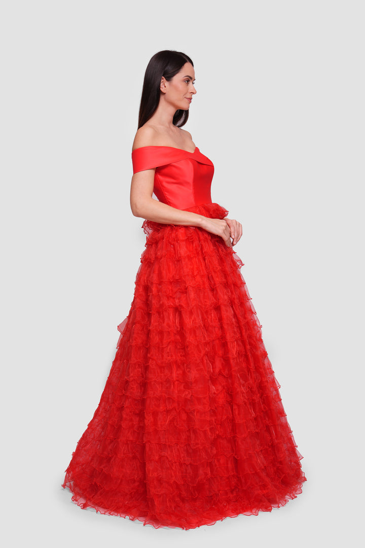 Riley Red Satin And Organza Sweetheart Neckline Corset Maxi Dress