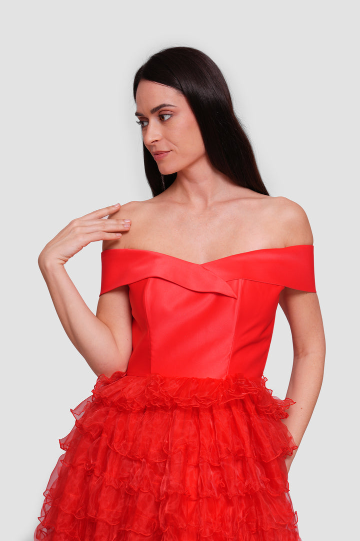 Riley Red Satin And Organza Sweetheart Neckline Corset Maxi Dress