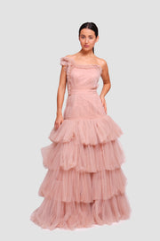 Sam Rosewood Tulle One-shoulder Ruffled Maxi Dress