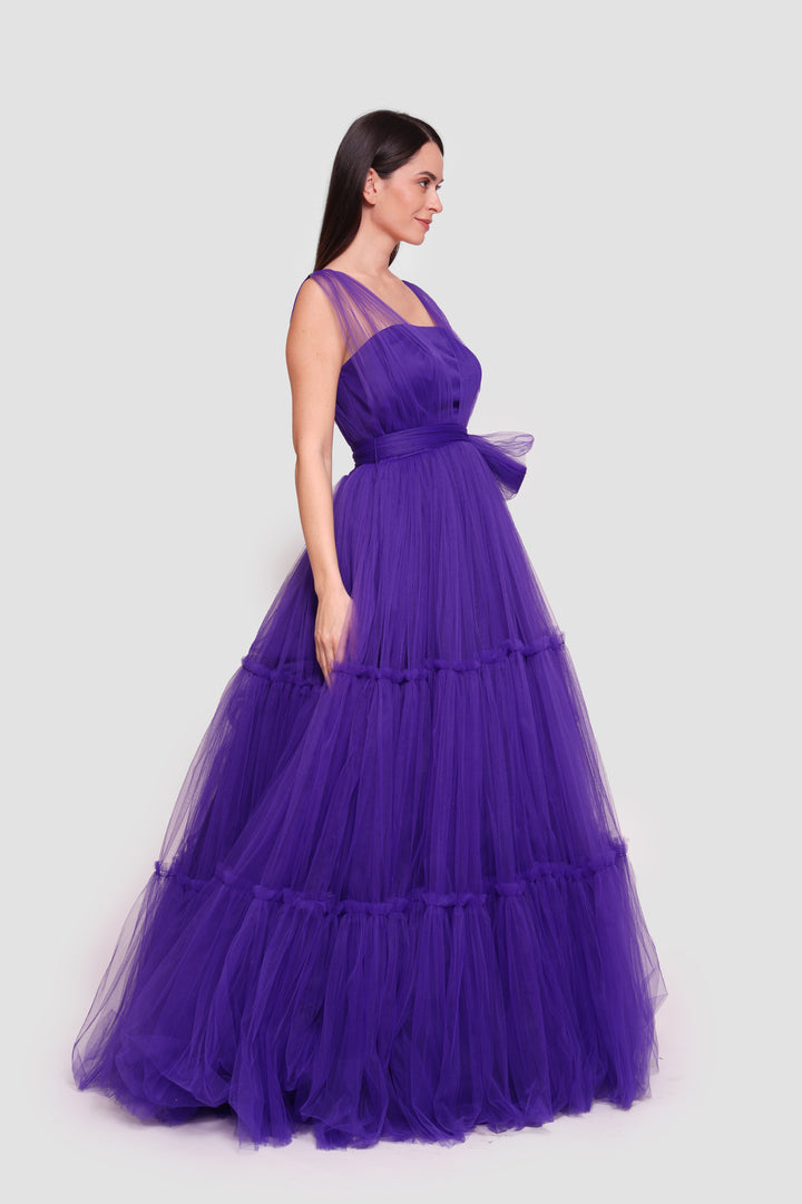 Tyara Vibrant Royal Purple Tulle Corset Maxi Dress With Sheer Shoulder Straps