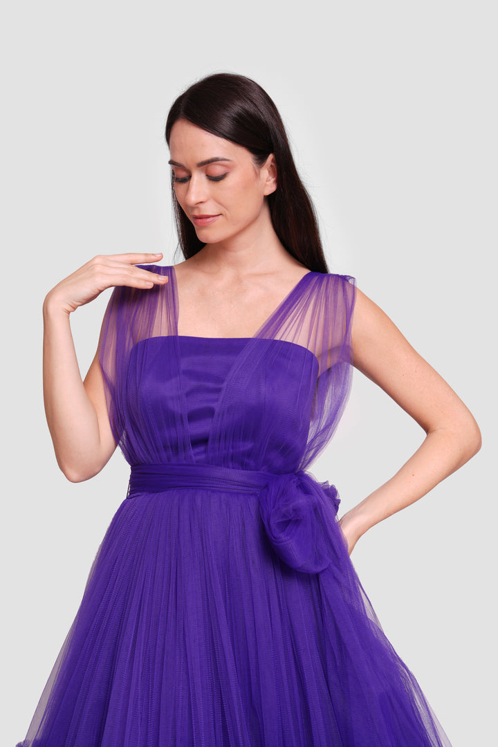 Tyara Vibrant Royal Purple Tulle Corset Maxi Dress With Sheer Shoulder Straps