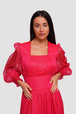 Load image into Gallery viewer, Sally Crimson Red Shimmer Georgette Gathered Maxi Dress With Long Sleeves
