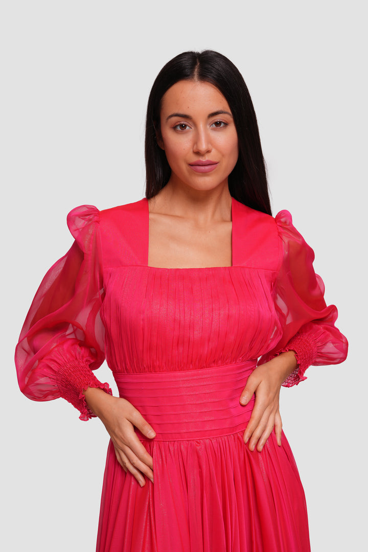 Sally Crimson Red Shimmer Georgette Gathered Maxi Dress With Long Sleeves