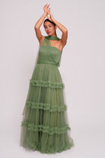 Load image into Gallery viewer, Tiana Riche Olive Green Tulle Strapless Corset Maxi Dress With Ruffles

