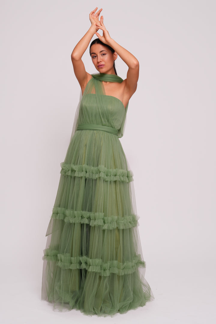 Tiana Riche Olive Green Tulle Strapless Corset Maxi Dress With Ruffles