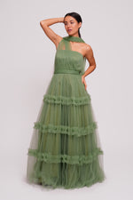 Load image into Gallery viewer, Tiana Riche Olive Green Tulle Strapless Corset Maxi Dress With Ruffles
