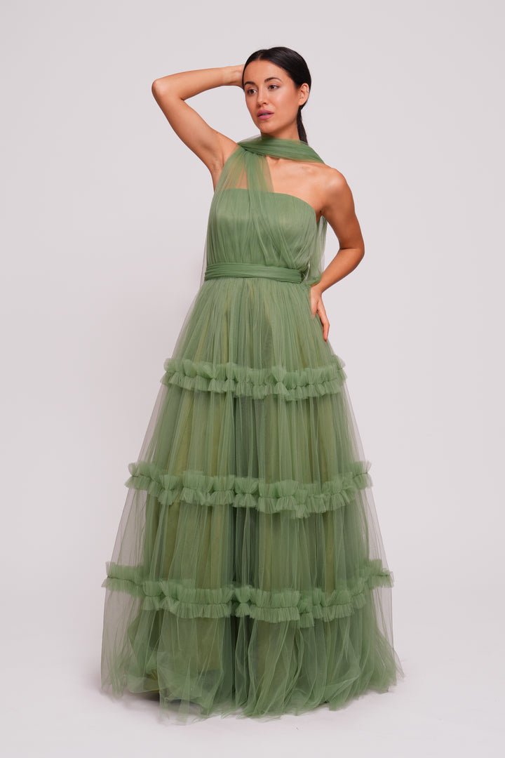 Tiana Riche Olive Green Tulle Strapless Corset Maxi Dress With Ruffles
