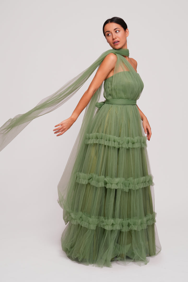Tiana Riche Olive Green Tulle Strapless Corset Maxi Dress With Ruffles
