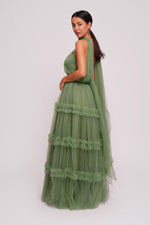 Load image into Gallery viewer, Tiana Riche Olive Green Tulle Strapless Corset Maxi Dress With Ruffles
