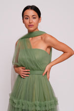 Load image into Gallery viewer, Tiana Riche Olive Green Tulle Strapless Corset Maxi Dress With Ruffles
