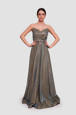 Load image into Gallery viewer, Nicole Metallic Gold Fabric With Subtle Blue Shimmer Sweetheart Structured Neckline Corset Maxi Dress

