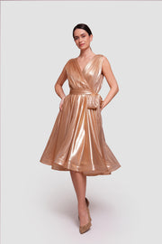 Sandra Gold Metallic Fabric Sleeveless Pleated Midi Dress