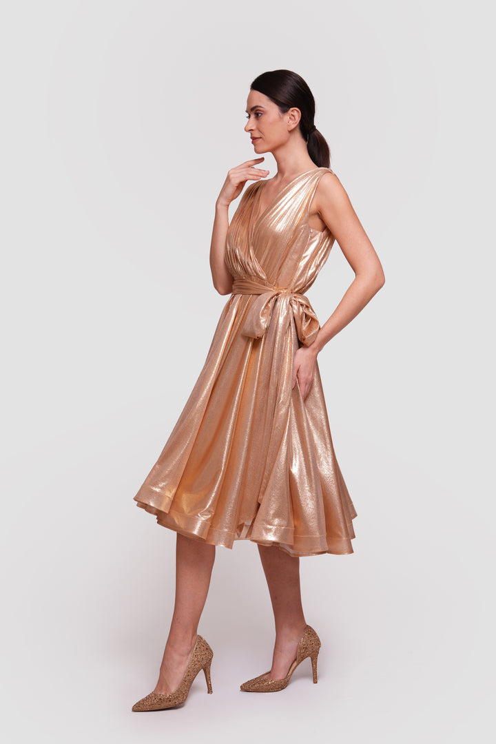 Sandra Gold Metallic Fabric Sleeveless Pleated Midi Dress