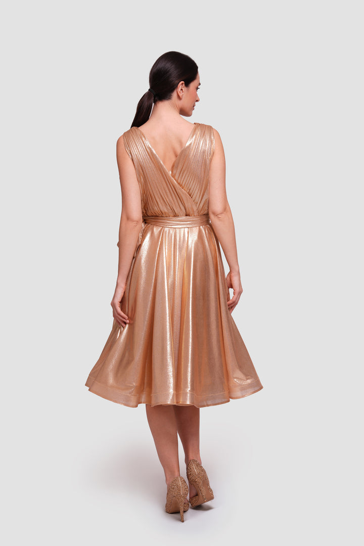 Sandra Gold Metallic Fabric Sleeveless Pleated Midi Dress