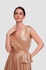 Load image into Gallery viewer, Sandra Gold Metallic Fabric Sleeveless Pleated Midi Dress
