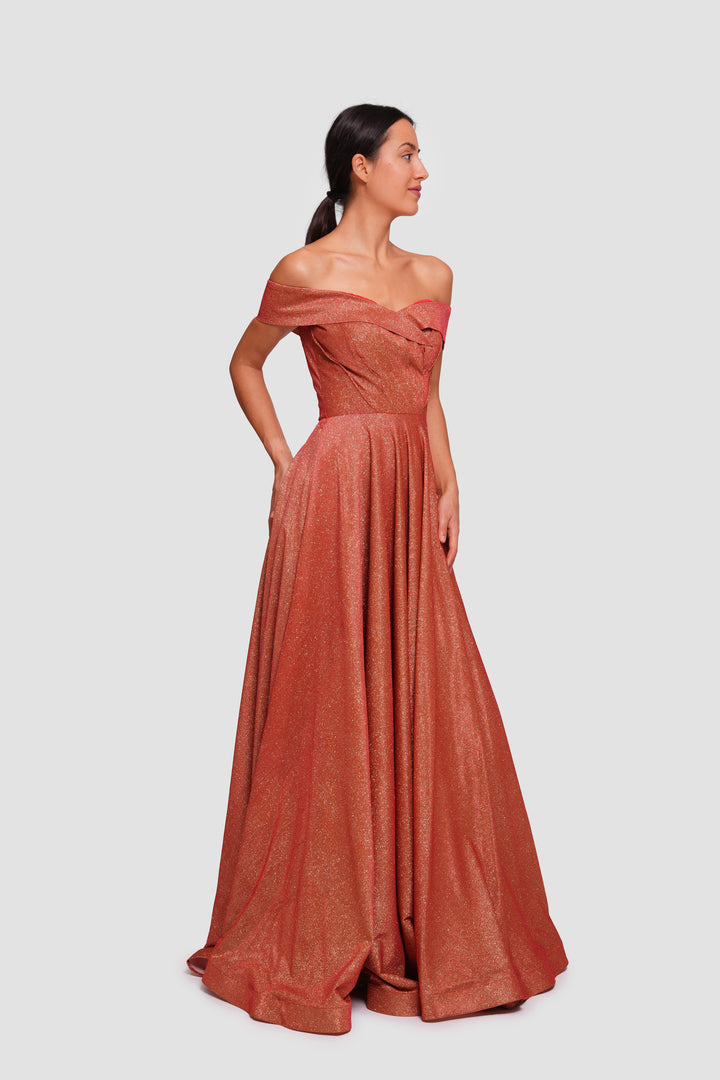 Tamara Shimmering Burnt Orange Glitter Fabric Sweetheart Neckline Maxi Dress